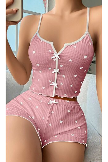 Çeyize dair herşey Dusty Rose Color Heart Pattern Suspender Shorts Nightdress Short Shorts Pajama Set