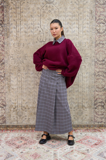 KÜÇÜĞÜM BUTİK Gray Striped Plaid Pleated Skirt