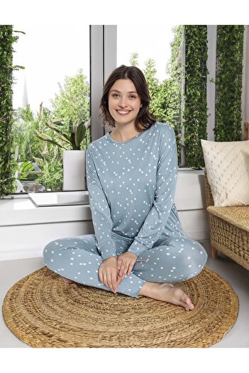 Aydoğan Pure Series Turquoise Polka Dot Naples Pajama Set Long Sleeve