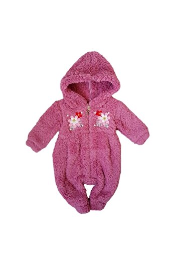 Miniworld - Baby romper with hoodie made of polar fleece, decorative applications with flowers and p