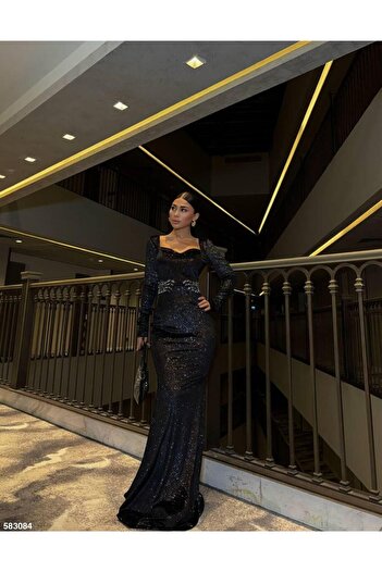Modafeminen Long Sleeve Stone Detail Glitter Velvet Evening Dress 583084 Black