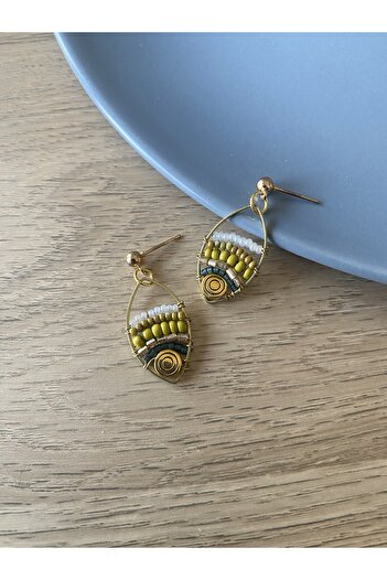 dela otantik Handmade Beaded Yellow and Green Authentic Dangle Earrings – Ethnic Bohemian Bijouterie Jewelry