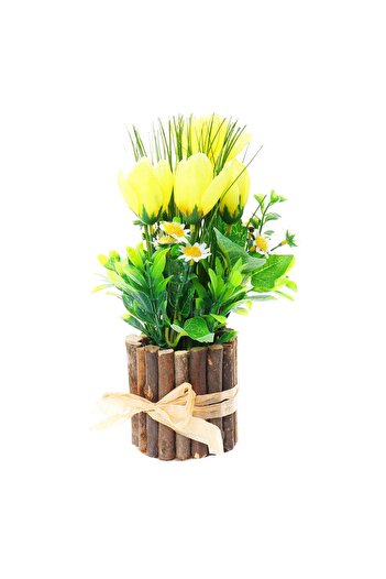 Others Artificial Floral Arrangement 371 KGY, Yellow Tulips, Canvas, Plastic, Wood