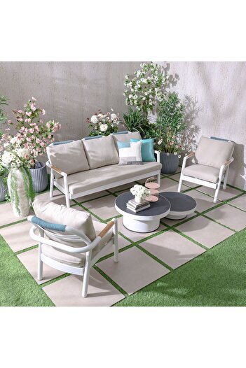Danube Home Genova 5-Seater Outdoor Sofa Set | Aluminium Frame | Modern Patio Furniture | White & Khaki
