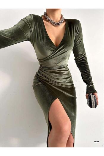 Modafeminen Slit Shiny Pencil Dress Khaki 581892 Khaki
