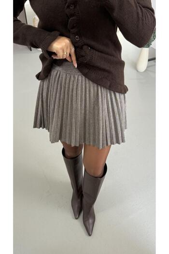 Sezgi Tekin Herringbone Pattern Pleated Brown Shorts Skirt