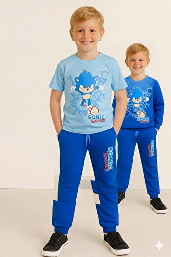 LİTTLE TORTOİSE Boy's Sonic Printed Long Sleeve 3 Thread Winter Sweat / Tracksuit Set and T-Shirt 3-Piece Combination