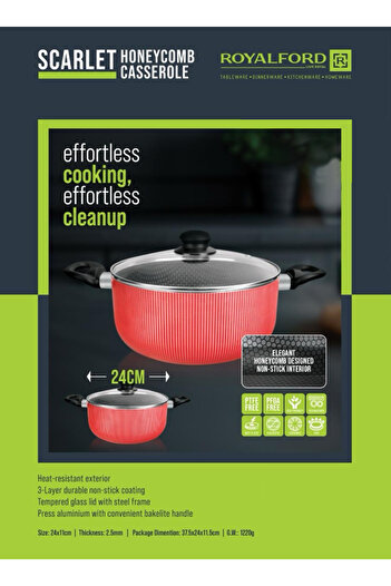 ROYALFORD Honeycomb Casserole 24cm with Lid – Non Stick 3-Layer Durable Cookware, Easy Cooking & Cleaning