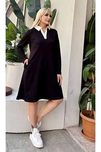 Butik Nilyam Women's Plus Size Shirt Collar Long Sleeve Pocket Detail Stretchy Midi Dress 25022