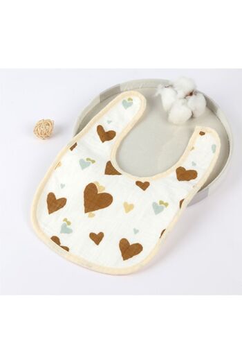 Danex Cotton Bib for Babies, 0-12 Months, 21x30 cm, Waterproof, Snap Closure, Heart Pattern, Beige