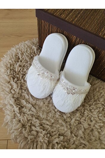 Fiyonks Atölye Maternity Slippers, Postpartum Slippers, Special Feather Series, Bride Slippers