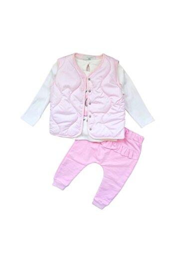 Miniworld Compleu fetite 3 piese din bumbac, model cu iepurasi, vesta captusita, varsta 9-12 luni, 80 cm, Roz