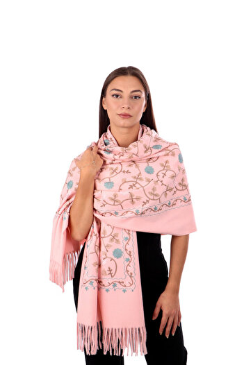 Bursa İpek Pink Embroidered Winter Shawl