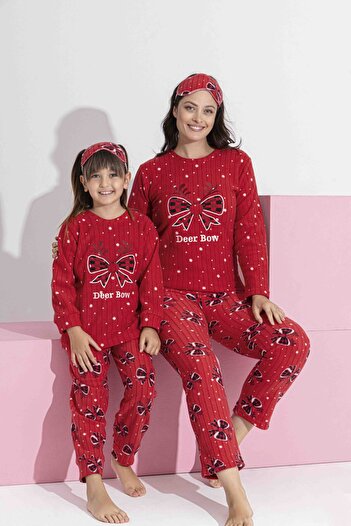 Tarık Women's Red Bow Pattern Mother-Daughter Matching Long Sleeve Fleece Plush Winter Warm Pajamas Set