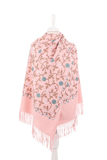 Bursa İpek Pink Embroidered Winter Shawl
