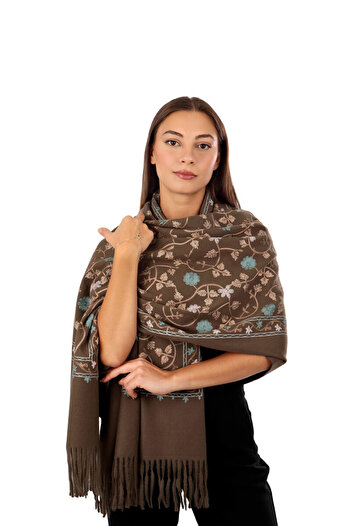Bursa İpek Brown Embroidered Winter Shawl