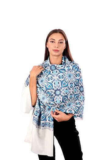 Bursa İpek Blue Fully Embroidered Suzani Wool Shawl