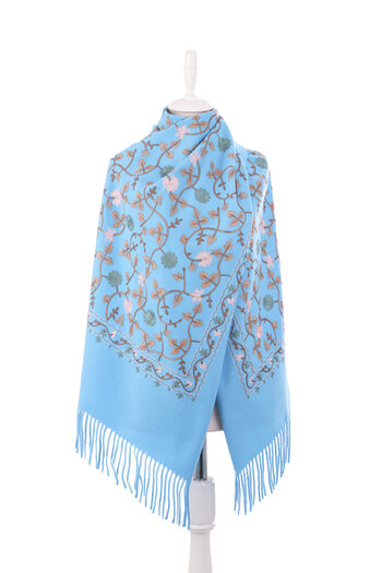 Bursa İpek Blue Embroidered Winter Shawl