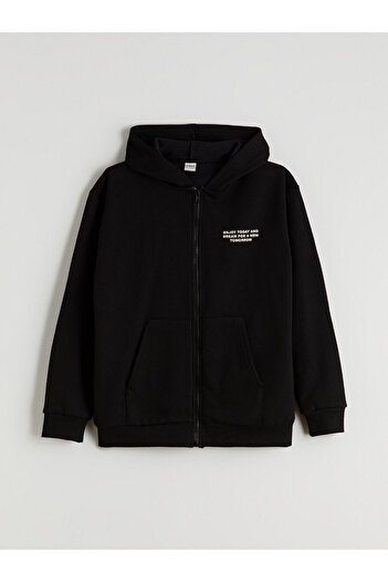 LC Waikiki Black Hooded Boy's Zippered Sweatshirt