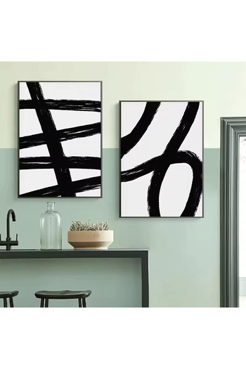 Linacci Set of 2 Black Metal Framed White Artistic Real Glass Paintings