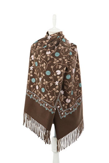 Bursa İpek Brown Embroidered Winter Shawl