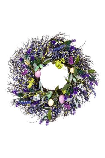Topi Hanging Decoration Wreath with Colored Easter Eggs, Lavender, Spring Flowers, Leaves, 45cm