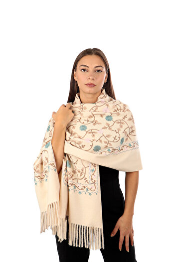 Bursa İpek Beige Embroidered Winter Shawl