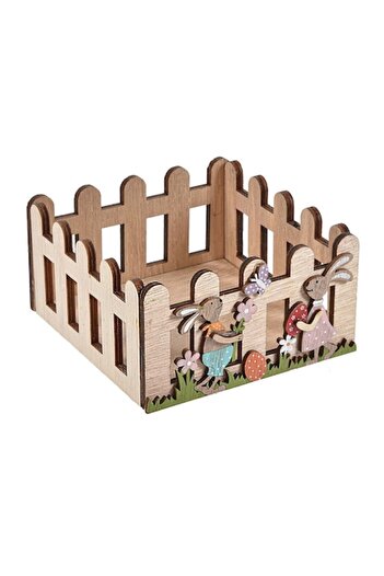 offlimits Cos de lemn cu iepurasi si oua decorative de Paste, DecorCasa, 12 x 12 x 6 cm