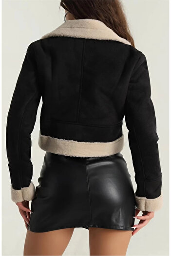 By Mop Fur Inside Suede Outside Short Coat Black T1186