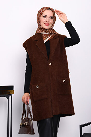 İmajButik Brown Pocketed Long Angora Soft Vest