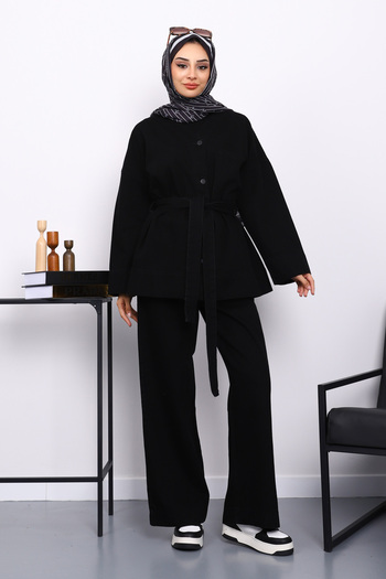 İmajButik Black Belted Jacket with Trousers and Jeans