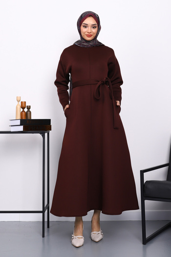 İmajButik Plum Waist Belted Scuba Dress