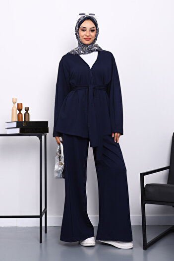 İmajButik Navy Blue Belted Pants Suit