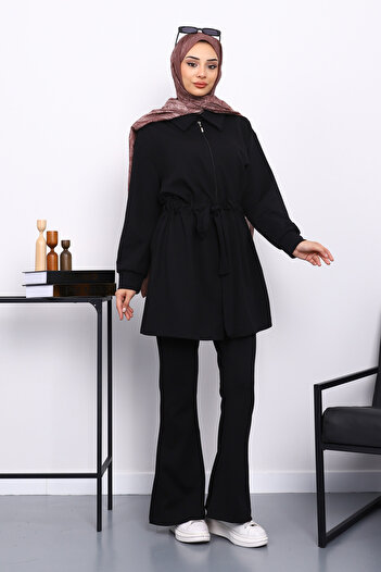 İmajButik Black Waist-Tie Modal Tunic Pants Set
