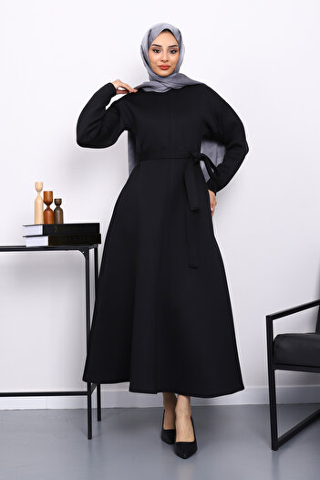 İmajButik Black Waist Belted Scuba Dress