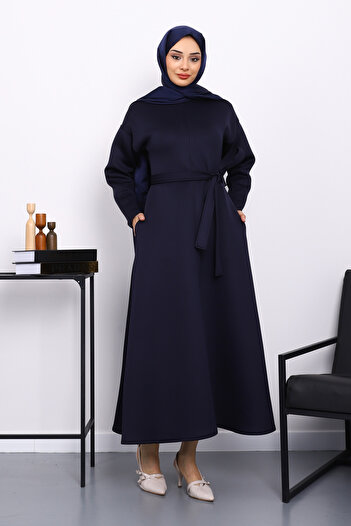 İmajButik Navy Blue Waist Belted Scuba Dress