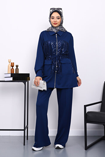 İmajButik Navy Blue Sequin Zippered Tunic Pants Set