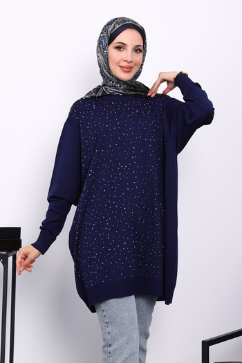 İmajButik Navy Blue Crew Neck Stone Embroidered Mercerized Knitwear Tunic
