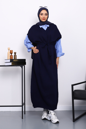 İmajButik Navy Blue Shirt Garnished Belted Knitwear Dress