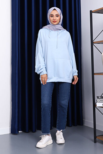 İmajButik Baby Blue Kangaroo Pocket Modal Sweatshirt