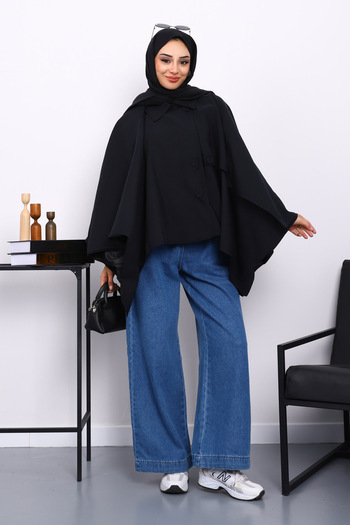 İmajButik Black Buttoned Lined Poncho Trench Coat