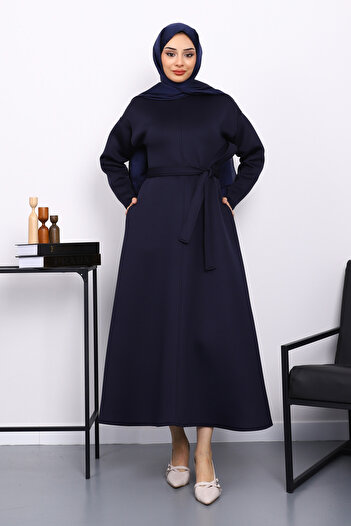 İmajButik Navy Blue Waist Belted Scuba Dress