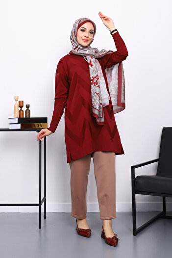 İmajButik Burgundy Cold Yarn Crew Neck Knitwear Tunic