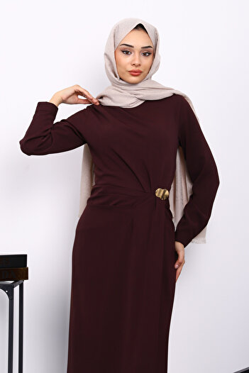 İmajButik Plum Front Draped Buckle Dress
