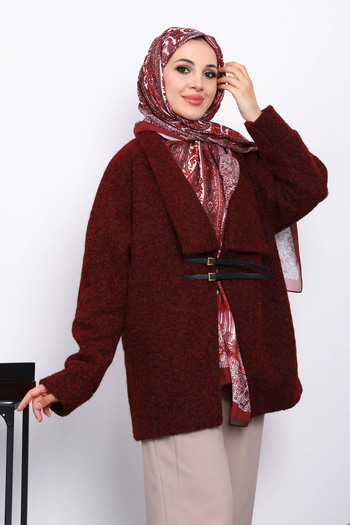 İmajButik Burgundy Belt Detailed Cashmere Coat