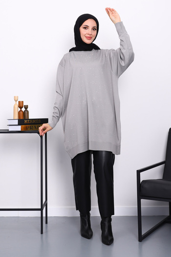 İmajButik Gray Crew Neck Stone Embroidered Mercerized Knit Tunic