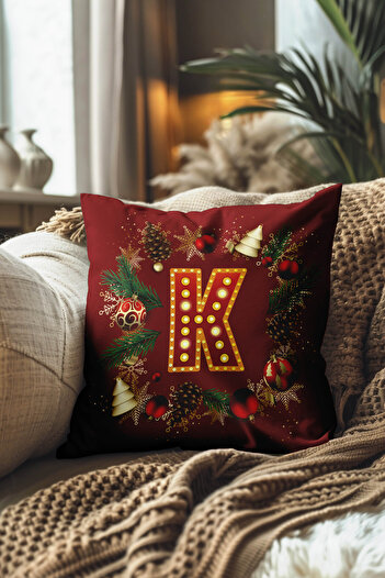 Hayal Dekoratif Christmas Themed Red Colored Globe Letter Patterned Digital Printed Throw Pillow Cover