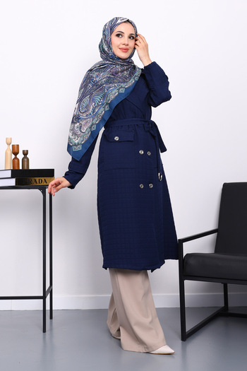 İmajButik Navy Blue Belted Quilted Coat with Pocket Detail