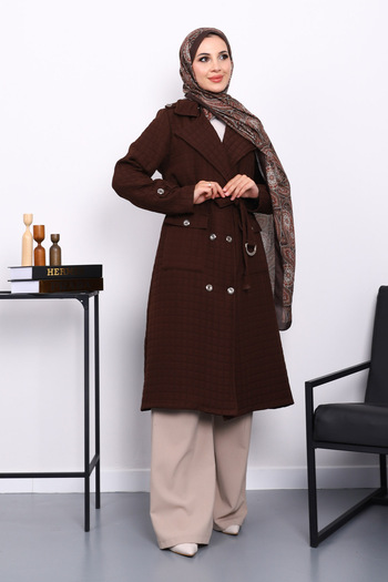 İmajButik Brown Belted Quilted Coat with Pocket Detail