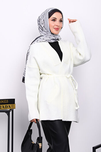 İmajButik Ecru Belted Pocketed Knit Cardigan